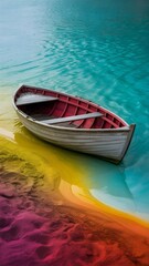  A solitary antique wooden boat floating peacefully on a beautifully colored shoreline blending shades of red, orange, blue, and green under soft light.