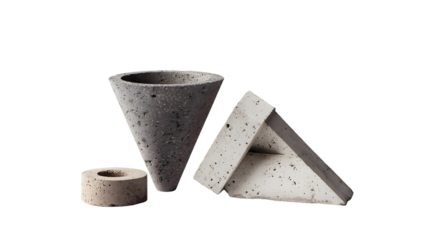Still life of concrete cone vase, ring and triangle block set against a plain black background