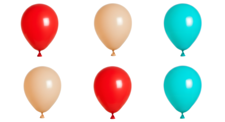 A vibrant arrangement of colorful balloons in red, beige, and turquoise, perfect for festive celebrations and events