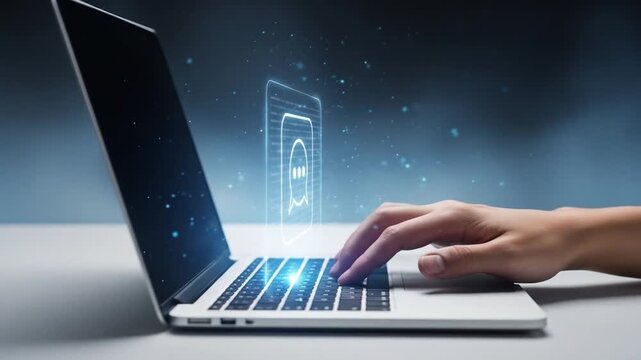 Secure Digital Identity Concept: Hand on Laptop with Holographic SIM Card Icon and Lock Symbol, Representing Online Data Security and Network Access