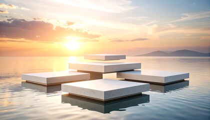 Abstract display podiums on water at sunset