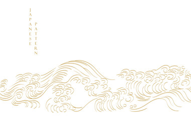 Japanese background with hand drawn wave elements vector. Gold line pattern with ocean sea object in vintage style