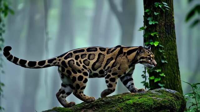 Clouded leopard stealthily traverses mossy branch in lush jungle setting
