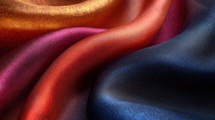 Colorful silk fabric, draped waves, close-up texture, fashion design
