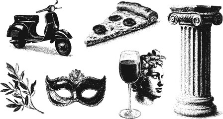 Set of Italy symbols including scooter, pizza, column, mask, statue, wine, olives, and glass. Classic black and white vector illustration.