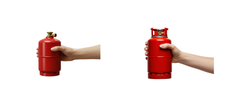 Hands holding red gas cylinders against black background