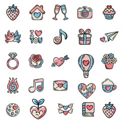 Whimsical pastel love & romance vector icon set for greeting cards, wedding invitations, Valentine’s Day graphics, social media stickers, relationship apps, scrapbook layouts