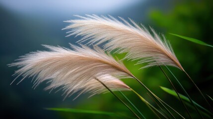 Fluffy grass sways gently in misty mountain breeze. Peaceful nature scene
