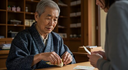 Elderly Japanese Man in Traditional Clothing Teaching Origami Craft to a Young Woman