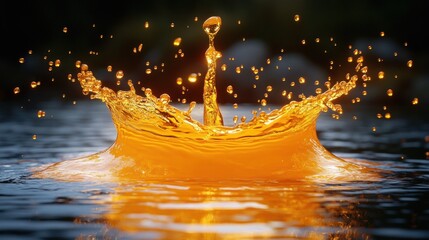 Orange juice splash, dark background, reflective surface, refreshing drink