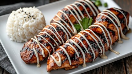 Grilled teriyaki chicken with rice. Delicious meal