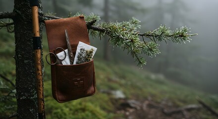 Natural Herbal First Aid Kit for Wilderness Survival and Hiking in a Moody, Foggy Forest