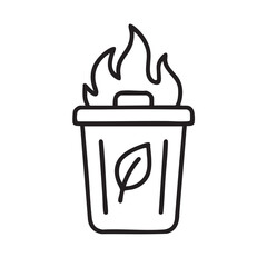 Burning Trash Can with Leaf Symbol Environmental Issues Pollution and Waste Management Concept in Outline Style