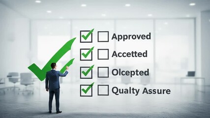 Man in suit marks a checklist with large checkmarks in a modern office setting.