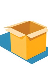an open, empty yellow cardboard box resting on a blue shadow, against a clean white background, perfect for packaging concepts