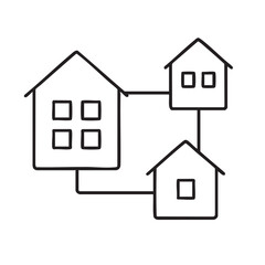 Connected Homes Network Illustration Simple Line Drawing of Three Houses Linked Together on White Background