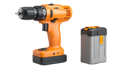 An orange and black cordless drill with a battery pack on a black background in a studio shot