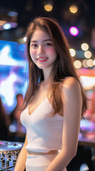 Portrait of a smiling woman with long brown hair wearing a white top in a nightclub setting