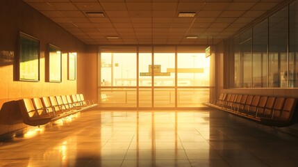 In the airport waiting lounge, soft sunlight streams through the glass
