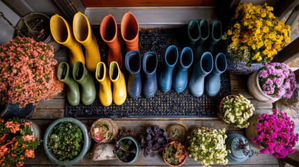 Colorful rain boots are neatly arranged on a wooden porch alongside vibrant autumn flowers.