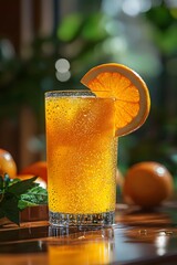 A transparent glass filled with chilled juice, droplets clinging to the glass