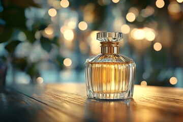 The crystal-clear glass perfume bottle reflects delicate light and shadow under soft lighting, with a blurred background and floating light spots