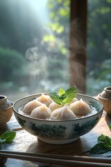 Mung bean paste dumplings float in a bowl, accompanied by red bean paste and mint leaves