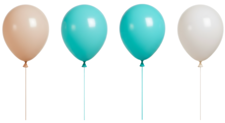 A trio of colorful balloons in pastel shades, standing upright against a clean white background, ideal for festive celebrations