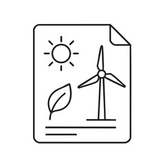Clean Energy Report Icon Featuring Wind Turbine Sun and Leaf in a Line Drawing