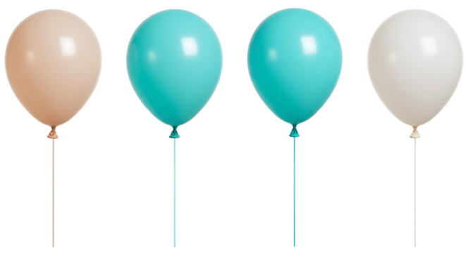 A trio of colorful balloons in pastel shades, standing upright against a clean white background, ideal for festive celebrations