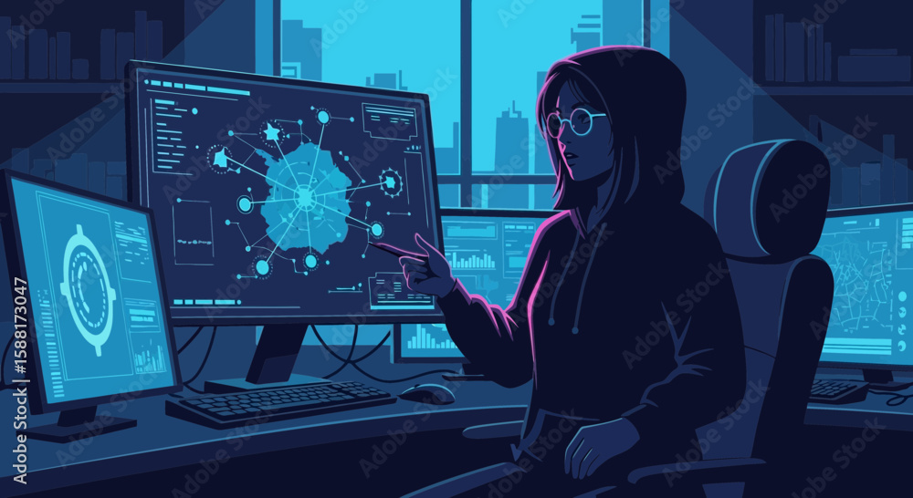 Aufkleber data analysis expert working with complex systems in a modern office