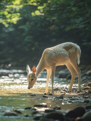 A white deer drinks by the stream, bathed in soft sunlight