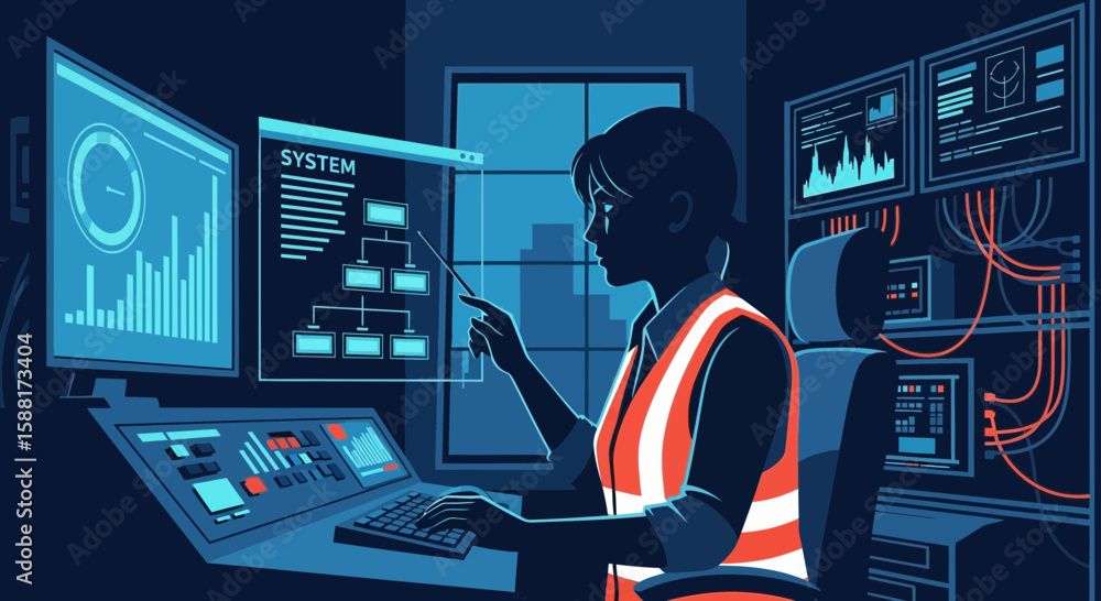 Poster woman overseeing system processes in a high-tech control room with data monitors
