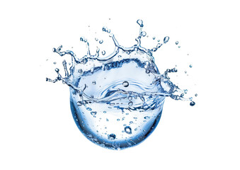 blue round water drop with splashing fresh water isolated on white or transparent png