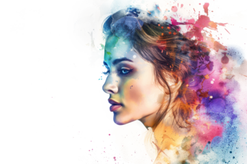 watercolor drawing of a young beauty female face in many different colors isolated on white or transparent png
