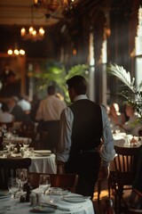 Waiters move swiftly and gracefully between tables, set against a soft dining backdrop