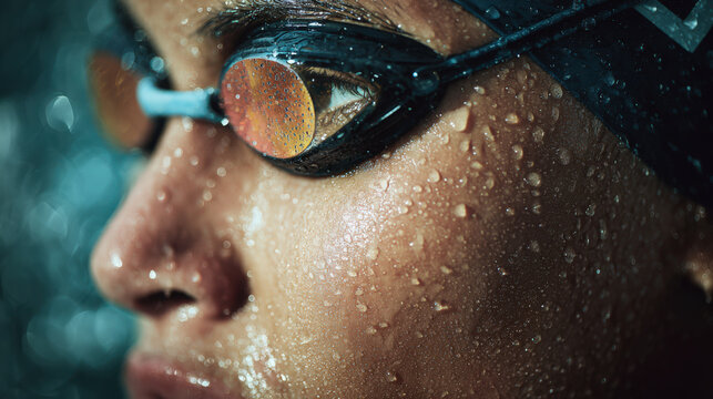 A close-up shot of a swimmer with water droplets, demonstrating fitness.