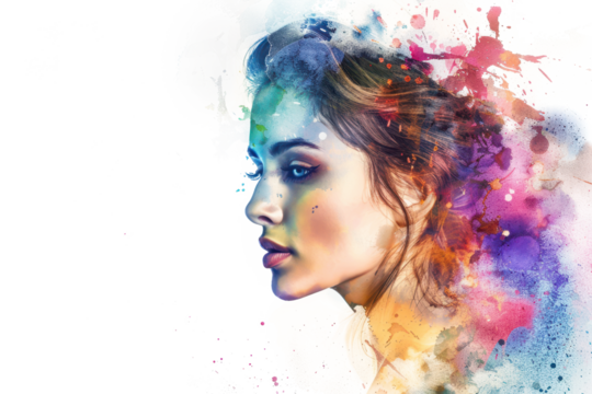 watercolor drawing of a young beauty female face in many different colors isolated on white or transparent png