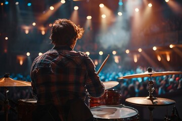 The performer attentively adjusts the drumhead in the concert hall, with soft background lighting and a gentle audience