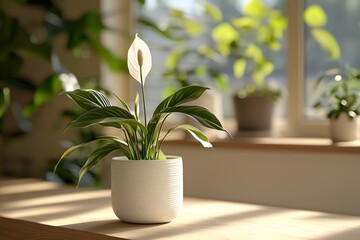 The peace lily quietly blooms in the pot, its white petals appearing exceptionally fresh under the sunlight