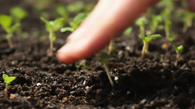 Tenderly nurturing a tiny seedling emerging from fertile soil with gentle human care.