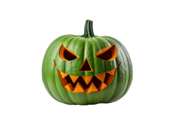 jack o lantern green halloween pumpkin with orange face isolated on white or transparent png