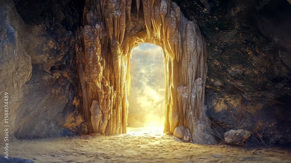 Poster mystical portal glowing in a dark cave creating a captivating atmosphere, mystical portal in a cave 