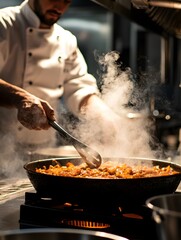 In the kitchen, a chef is intently cooking delicious food