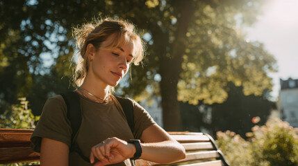 A woman in the park checks her smartwatch for health monitoring.