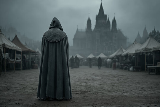 Old man in a weathered cloak standing in a foggy medieval village square, surrounded by ruined buildings and empty market stalls, gothic church in the background under heavy storm clouds
