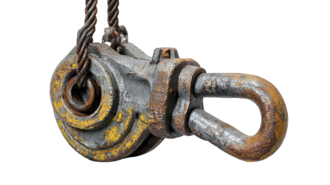 A close up of a rusty metal pulley and cable hanging against a dark isolated background in a studio shot