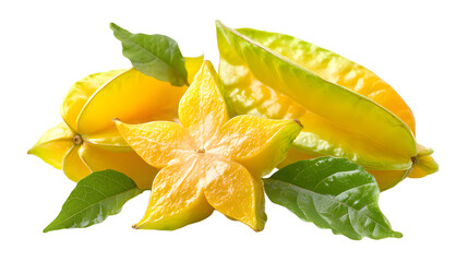 Fototapeta premium A vibrant arrangement of ripe starfruit with green leaves, showcasing its unique shape against a white background