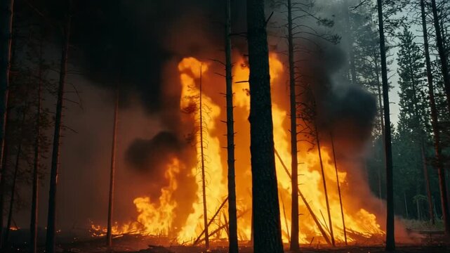 Forest Fire Engulfs Trees Amidst Smoky Background
