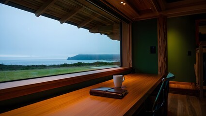 Fototapeta premium Serene Coastal View Office: Warm Wood Desk, Ocean Panorama, Journal, Coffee Mug, Tranquil Mood.